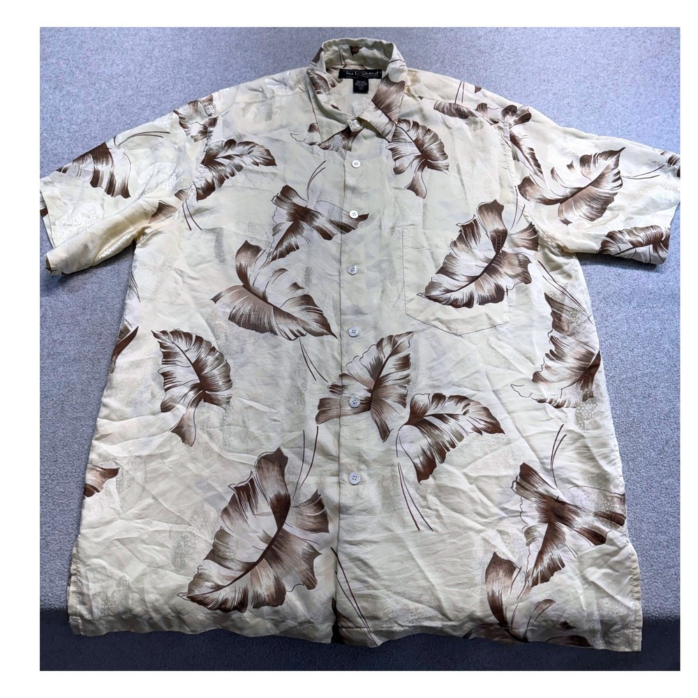 Tori Richard 100% Silk Shirt Mens L Cream Brown Tropical Leaf Button Up Aloha